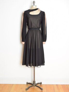 vintage 70s disco dress black cutout neck secretary party midi long sleeve M